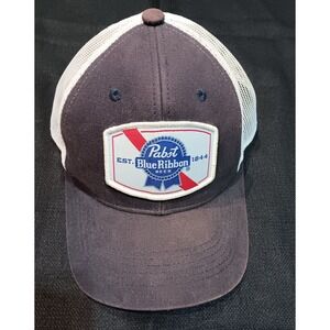 Pabst Blue Ribbon PBR Beer Trucker Hat Navy Blue White Snapback Outdoor Cap Mesh